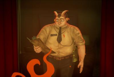 A demon man with horns in corporate business attire. He has on headphones attached to a cassette player. He looks down at his clipboard, bored, while fire crackles outside the window.
