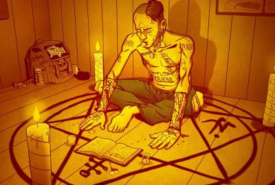 animation man with candles sits in a pentagram